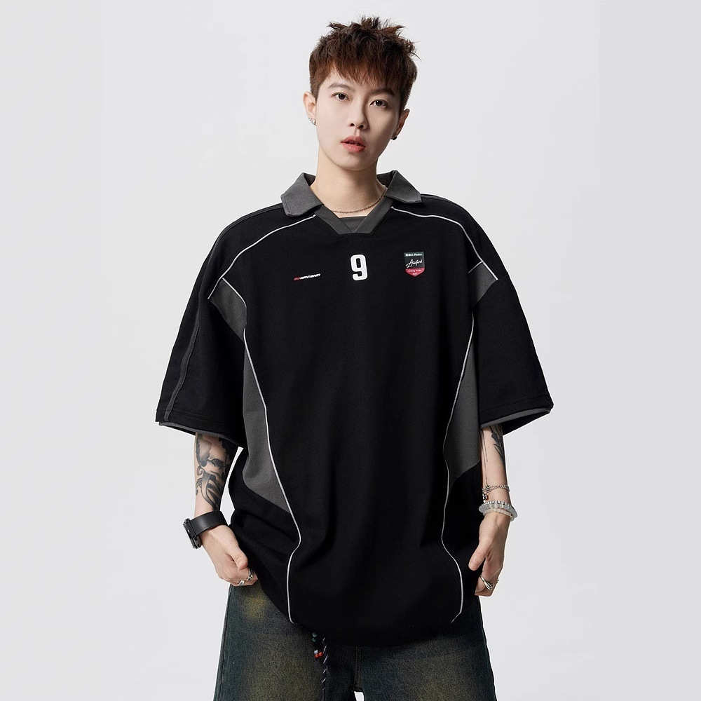 Summer New American Retro Design Contrasting Color Splicing Short-Sleeved T-Shirt Men's Loose Sports Couple Polo Tops