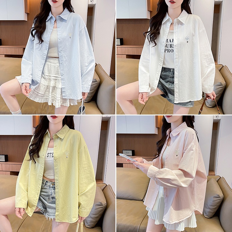 Women's Fresh and Simple Long-Sleeved Shirt, Spring and Autumn 2025 New Style, High-End Cotton Layered Shirt with Small Heart Embroidery, Blue