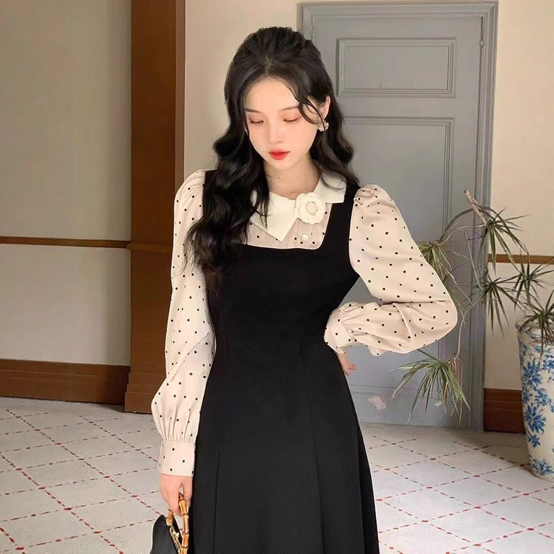 French-Style Faux Two-Piece Polka Dot Long-Sleeve Dress for Women, Spring and Autumn Korean Style, Slimming and Age-Reducing Long Dress