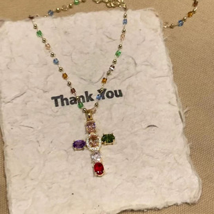 Dopamine Colorful Zircon Cross Necklace Retro Sweet Cool Style Niche Design Personality Super Flash Clavicle Chain for Women