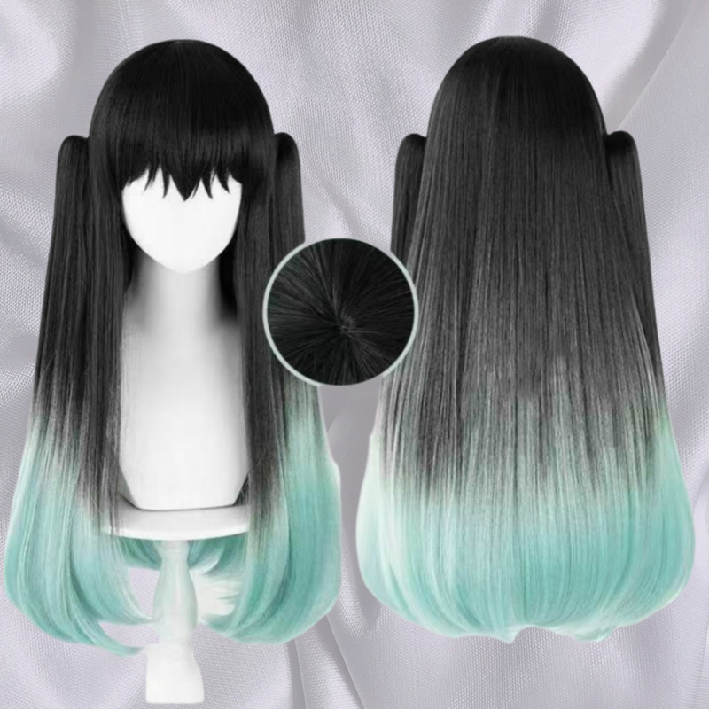 Demon Slayer: Kimetsu No Yaiba Cos Wig Tokitoru Muichiro, Black Gradient Color Matching Double Ponytail Cos Wig Blank