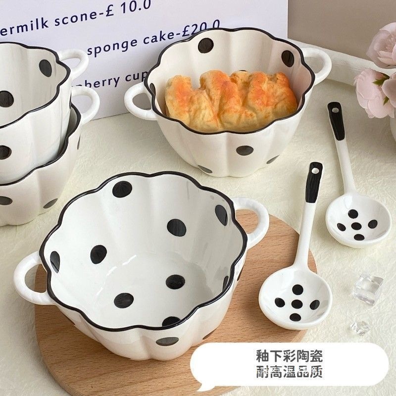 赫本风波点陶瓷6英寸双耳防烫南瓜碗带勺家用水果沙拉饭碗ins餐具|undefined