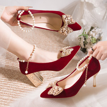 绝美绑带结婚鞋女2024年新款高级感秀禾服新娘鞋不累脚红色高跟鞋
