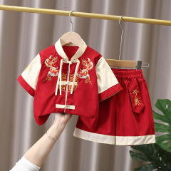 満1歳のドレスの男の赤ちゃんの中国風の新型の夏のスーツの子供は周の漢服の夏服の復古の半袖の唐服をつかみます。