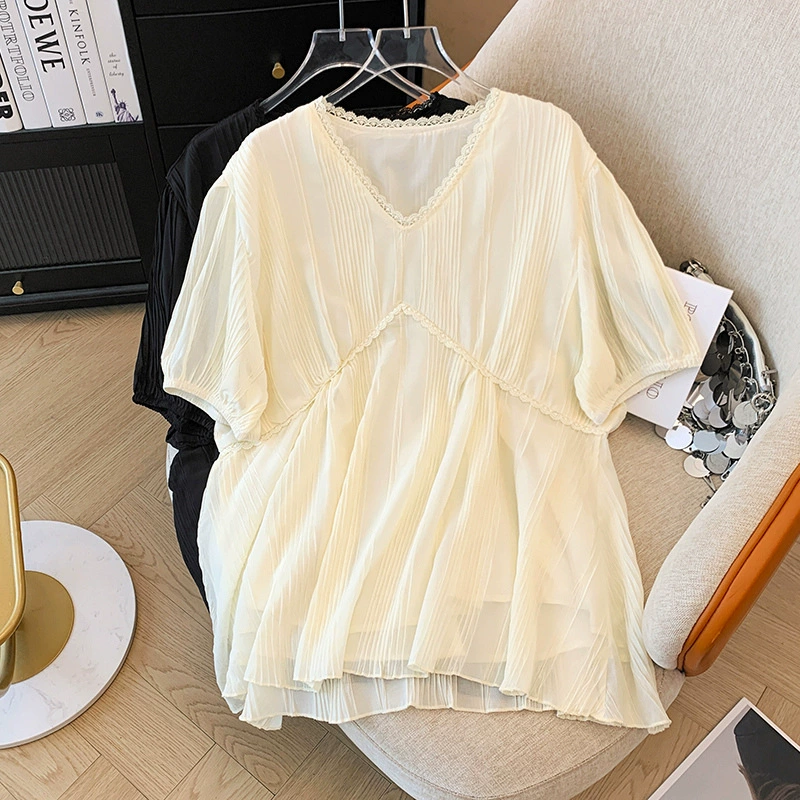 Женская одежда больших размеров для полных девушек, летняя свободная утягивающая кружевная шифоновая блузка с V-образным вырезом для студенток X2664.