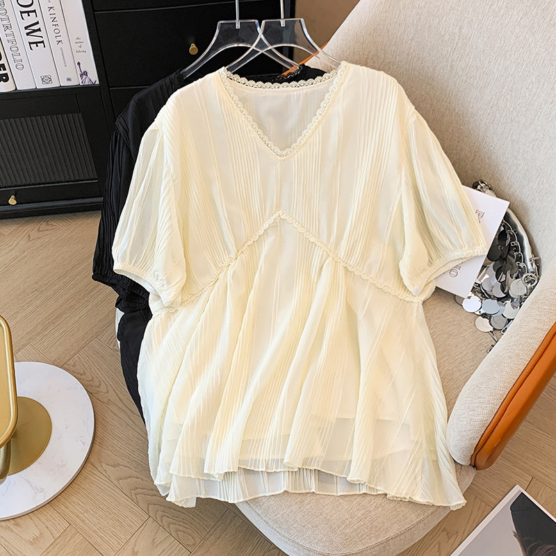 Plus Size Women's Clothing for Fat Girls Summer Plus Size Female Students Loose Slimming Look Lace V Neck Chiffon Shirt X2664