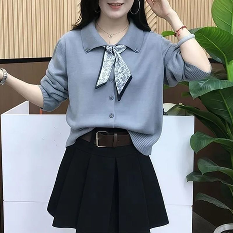 秋季新款韩版丝巾翻领针织衫爆款女百搭宽松显瘦polo领毛衣外套|undefined