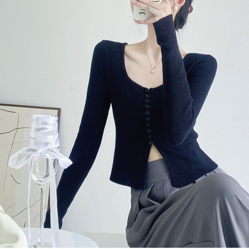 Pure Desire Boneless Square Collar Knit Basic Top Women Autumn/Winter High-End Gray Sweater Underwear Design-Small Group Upper Body Design