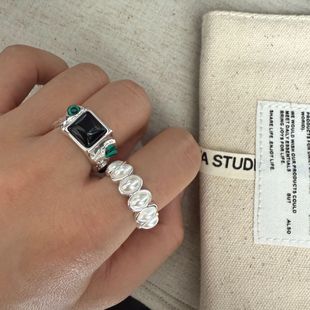 Europe and the United States cross-border jewelry retro exaggerated natural stone personality oval pearl knock pattern micro inlay ring ins ring women