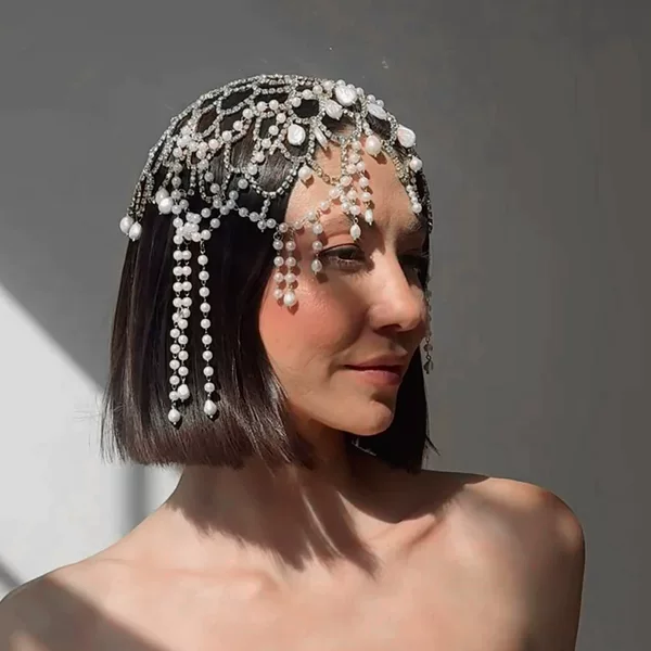 European and American Best-Selling Pearl Tassel Hair Chain with Unique Design, Bridal Wedding Rhinestone Headpiece, Light Luxury Ins-Style Hair Accessory