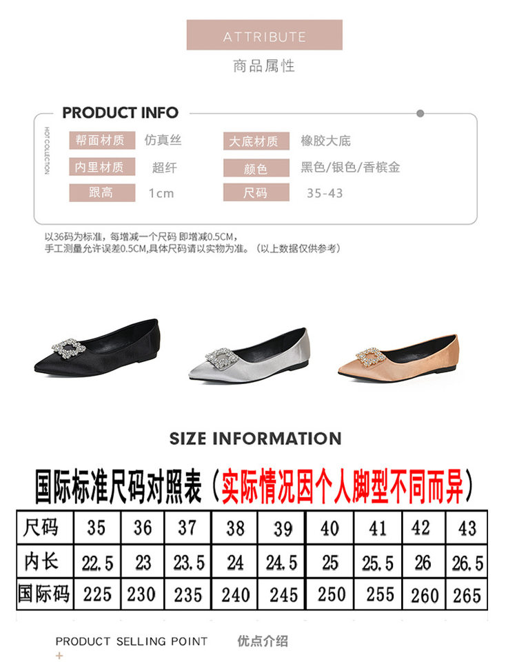 Giày búp bê nữ mũi nhọn gót thấp khóa vuông đính đá, đế cao su — Màu bạc, Màu vàng, Màu đen chi tiết 7