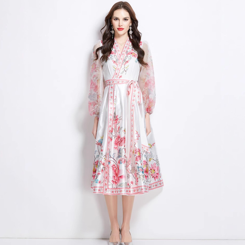 Cross-Border Export Amazon Hot-Selling V Neck Ethnic Style Printed Satin Wrap Long Dress