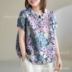 时尚短袖印花女式上衣和衬衫2025夏季短袖休闲上衣女式娃娃领上衣
