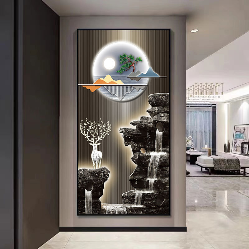 Pintura decorativa de vestíbulo de lujo ligero de alto nivel de alce hojas doradas pasillo colgar pintura de la sala de patrón colgar pintura suave