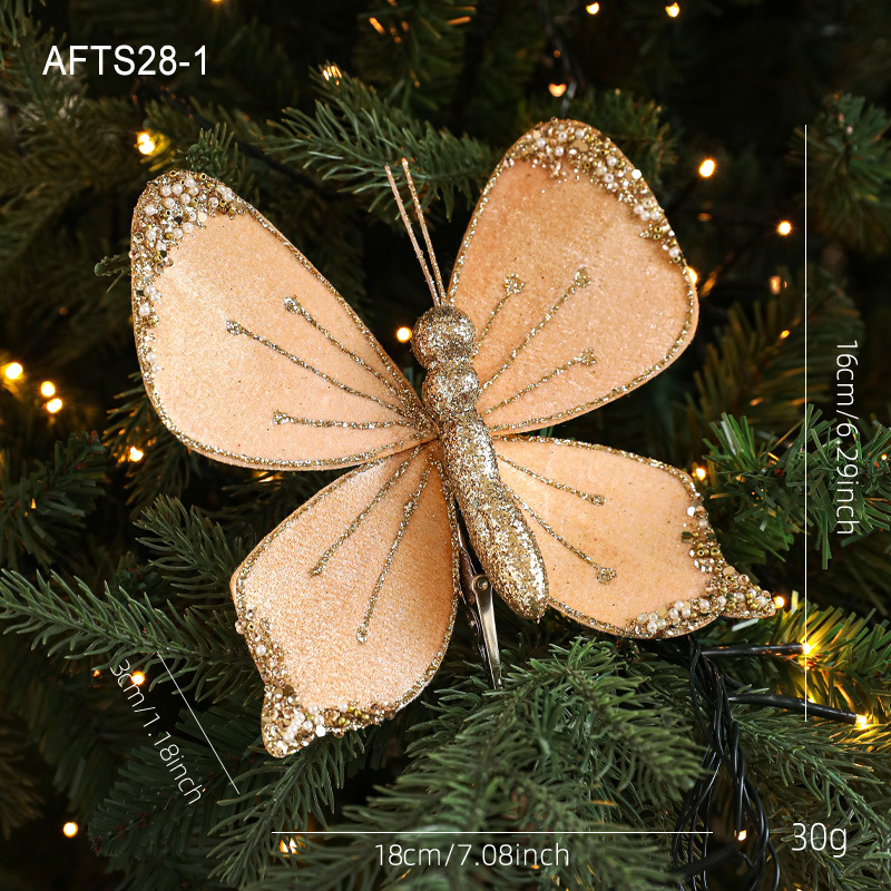 Nuevos productos de tela de alta calidad simulación de clip de arco de mariposa tela de vello polvo flocado árbol de Navidad decoración colgante diseño de escena