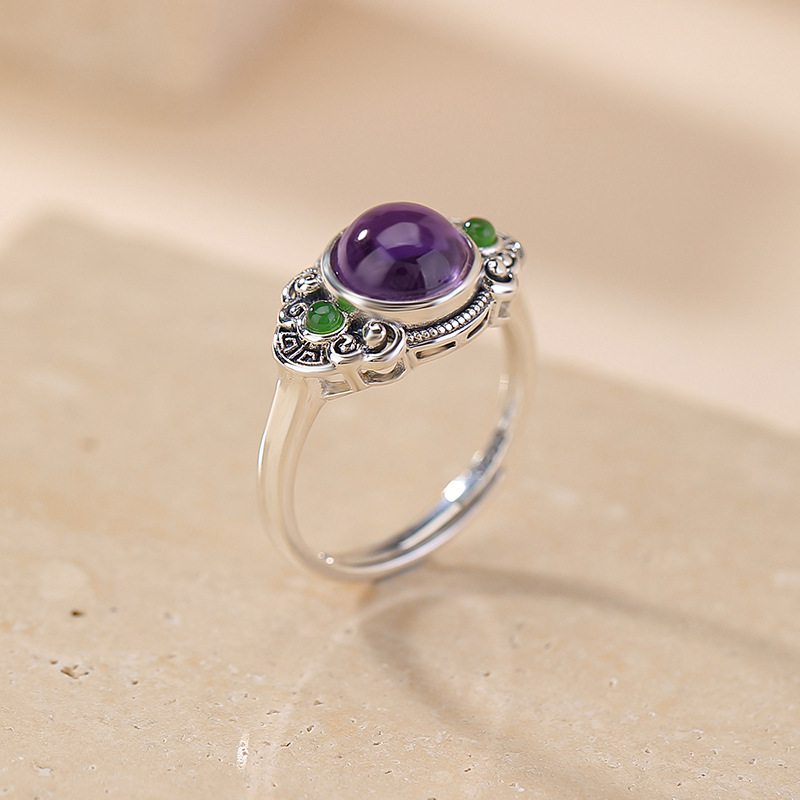 Vòng tay đá thạch anh tím tự nhiên kết hợp ngọc Hetian Jasper bạc S925 — một mảnh