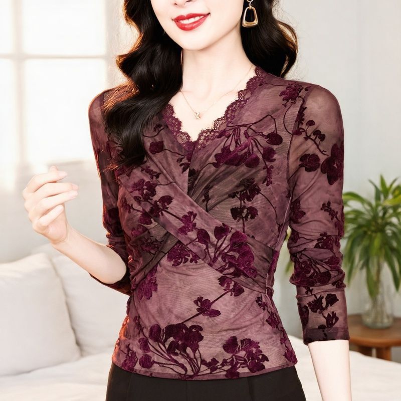 Stylish V-neck lace spliced mesh blouse, long-sleeve T-shirt for women, 2026 spring waist-cinching top, fashionable base shirt Stylish V-neck lace spliced mesh blouse, long-sleeve T-shirt for women, 2026 spring waist-cinching top, fashionable base shirt