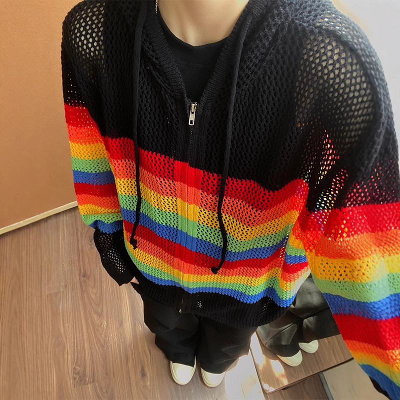 Rainbow Contrast Color Hollow Knitted Shirt Jacket Men's Spring and Autumn Dopamine Wear Drapey Ice Silk Sunscreen Blouse
