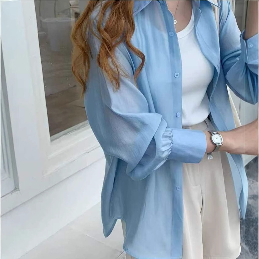 Áo sơ mi nữ dài tay Tencel phong cách Hàn Quốc rộng rãi mỏng nhẹ chống nắng — Màu xanh lam, Màu tím, Màu hồng, Màu trắng