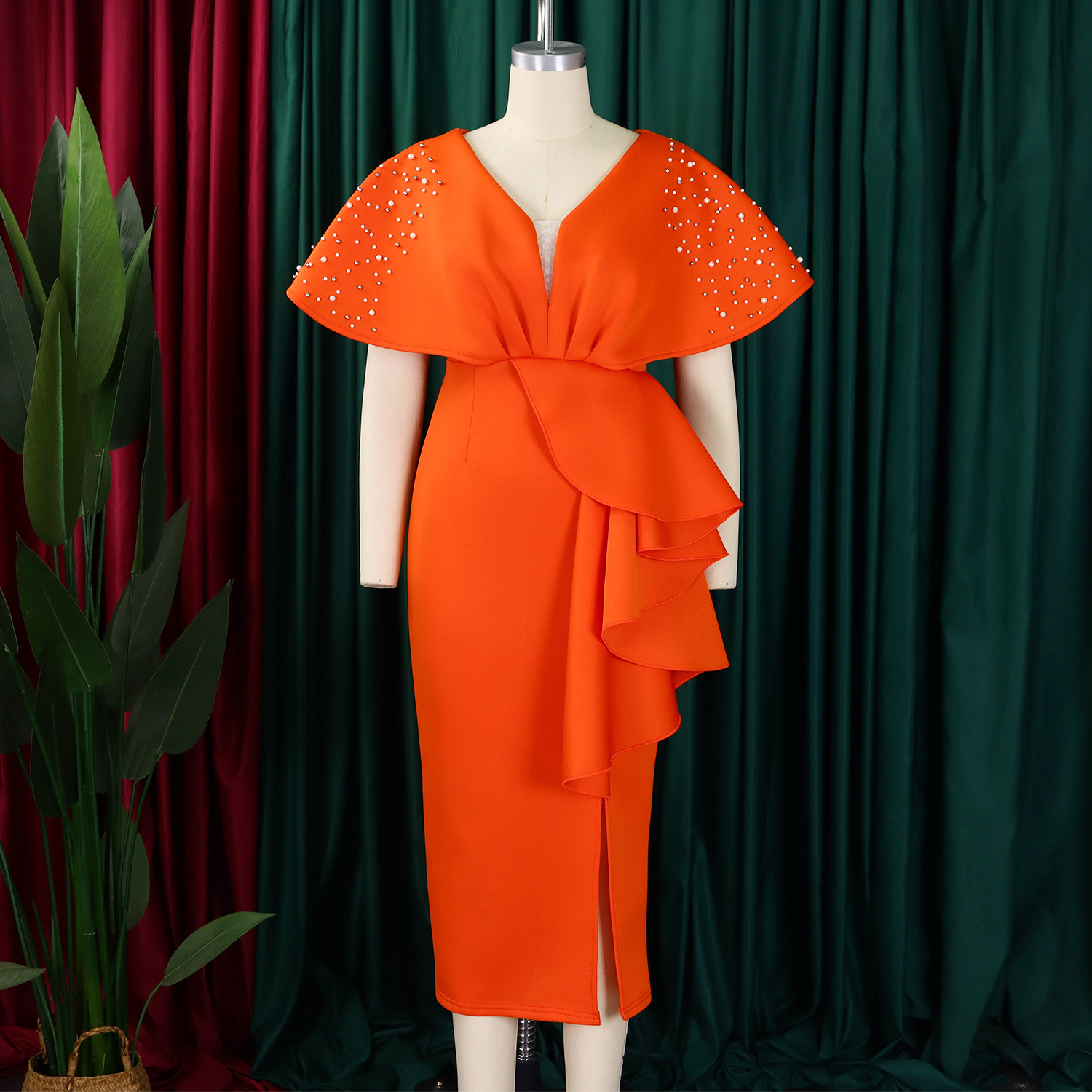 Robe de soirée sexy à col en V et à volants avec fente perlée, robe de banquet de tempérament de célébrité_voghion.com