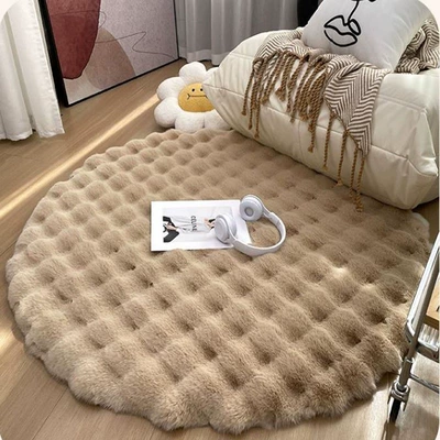 Cream Style Round Thickened Rabbit: Car Carpet - khaki-upgraded-thickened-bubble-velvet-diameter-50cm