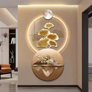 银杏叶玄关装饰画LED精雕麋鹿入户门壁画走廊过道挂画高档灯挂画