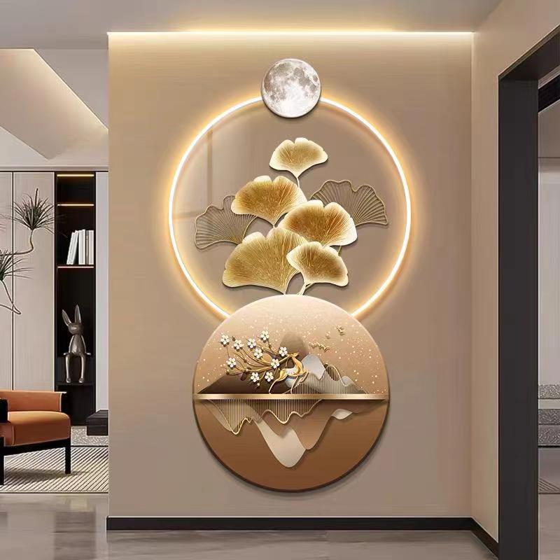 Ginkgo Leaf Entrance Decorative Painting LED Carved Elk Entrance Mural Corridor Corridor Hanging Painting High-end Lights Hanging Painting