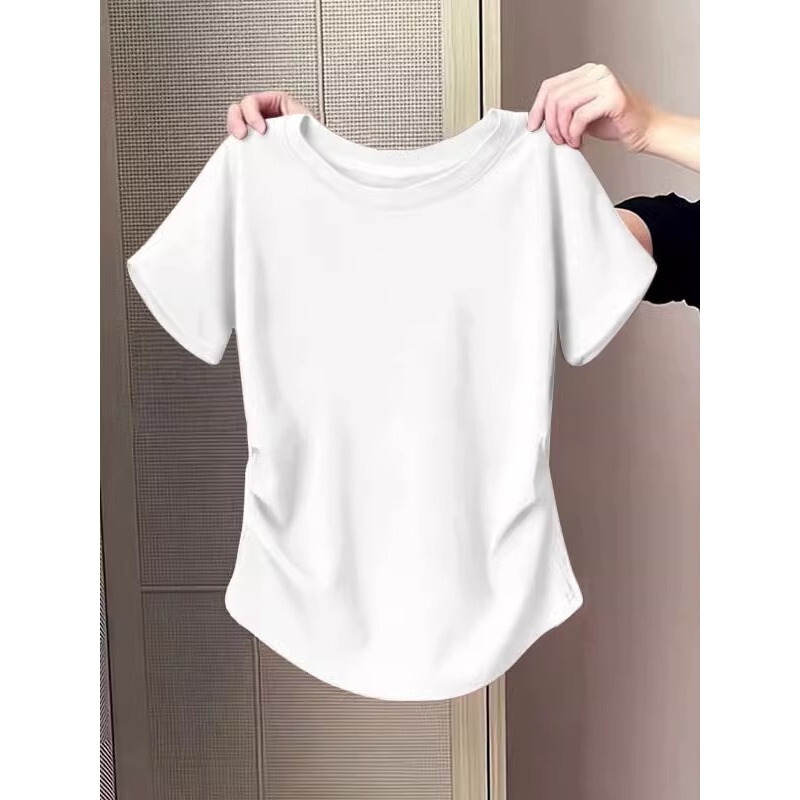 Solid Color Short-sleeved T-shirt New Summer Slim-fit Tight Waist Chic Niche Design Crewneck T-shirt Top A3603