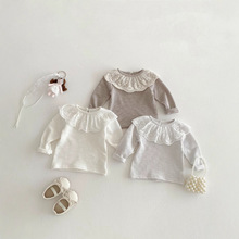 女童打底衫春秋新款儿童蕾丝花边领长袖上衣宝宝休闲纯色洋气T恤