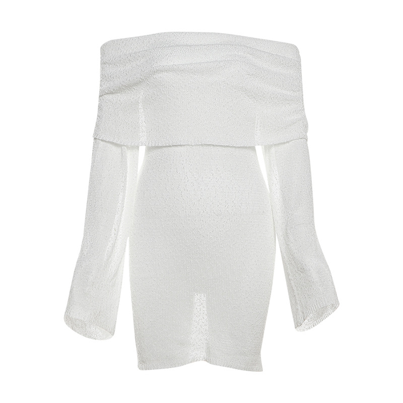 Vêtements pour femmes automne et hiver nouveaux vêtements pour femmes tempérament une épaule couleur unie dos nu manches longues robe tricotée femme_voghion.com