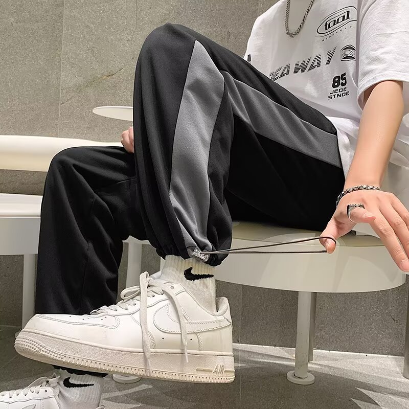 2025 New Ice Silk Sports Pants Men's Summer High Waist Mother's Dipping Sense Contrast Color Stitching Loose Drawstring Wide-leg Pants