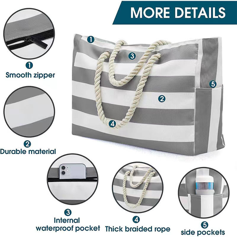 Grote gestreepte opbergtas voor buiten, modieuze katoenen handtas voor op het strand, grote capaciteit reistas, boodschappentas_voghion.com