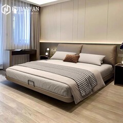 本皮ベッド懸濁クリーム風2メートル主臥大ベッド現代シンプル象耳斉辺ツインベッド収納ベッド