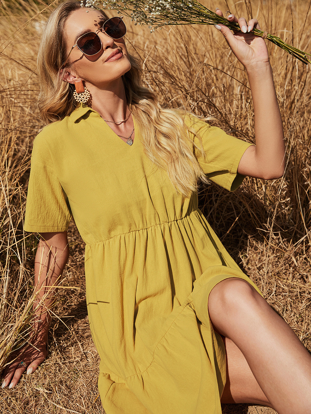 slim V-neck cotton yellow dress NSDF51534