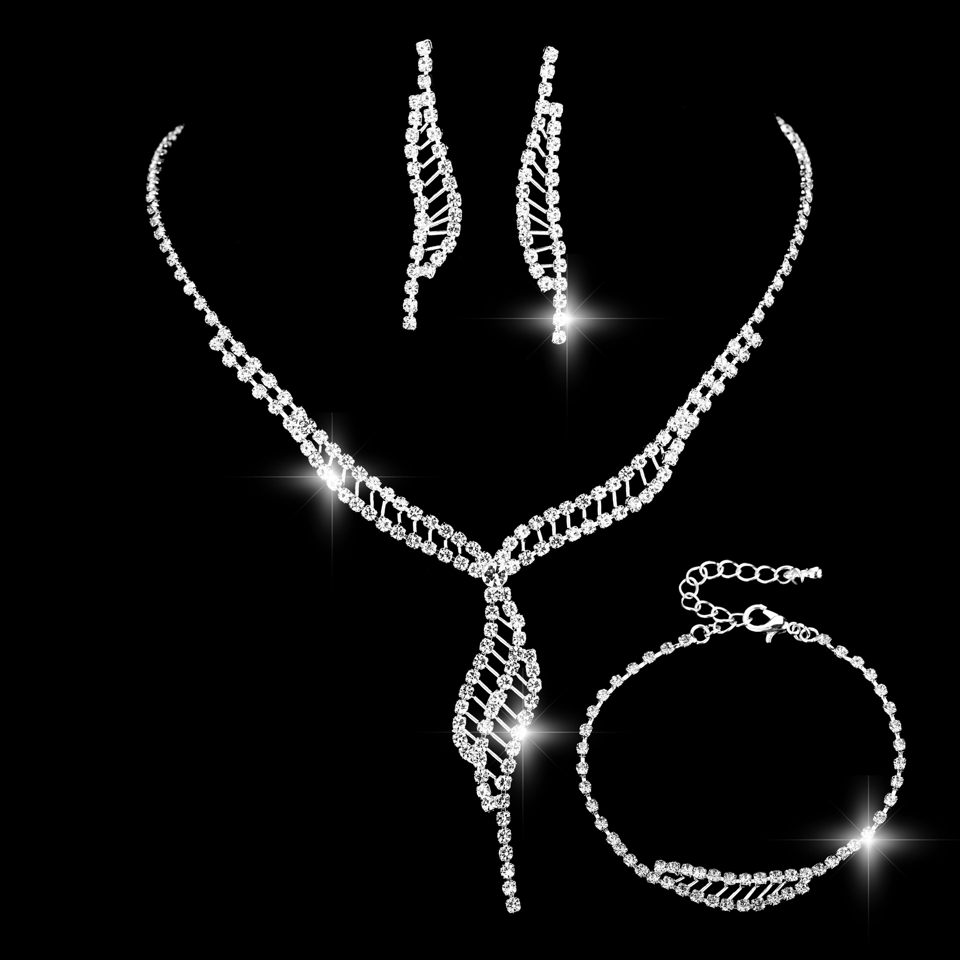 Mode Braut Voller Diamant Kupfer Halskette Ohrringe Armband Drei-stück Set display picture 1