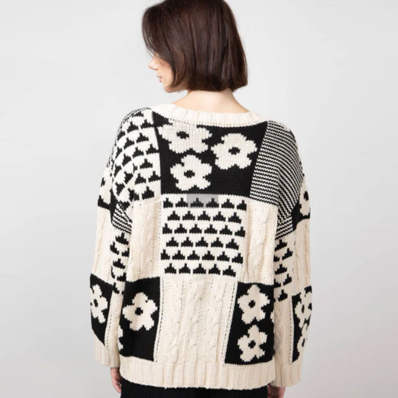 Women's Pullover Sweater Square Flower Casual Loose Round Neck_voghion.com