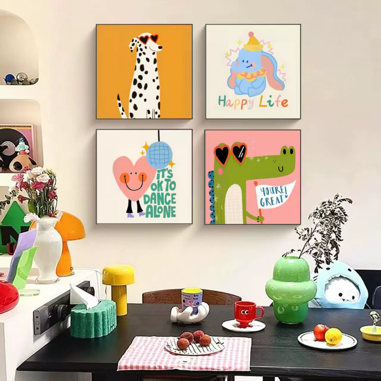 多巴胺餐厅装饰画趣味卡通母婴房挂画小众艺术客厅卧室壁画定制