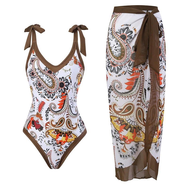 Swimwear с принтом мультфильмов и пляжной шифоновой длинной юбкой, купальник европейского стиля с высокой талией