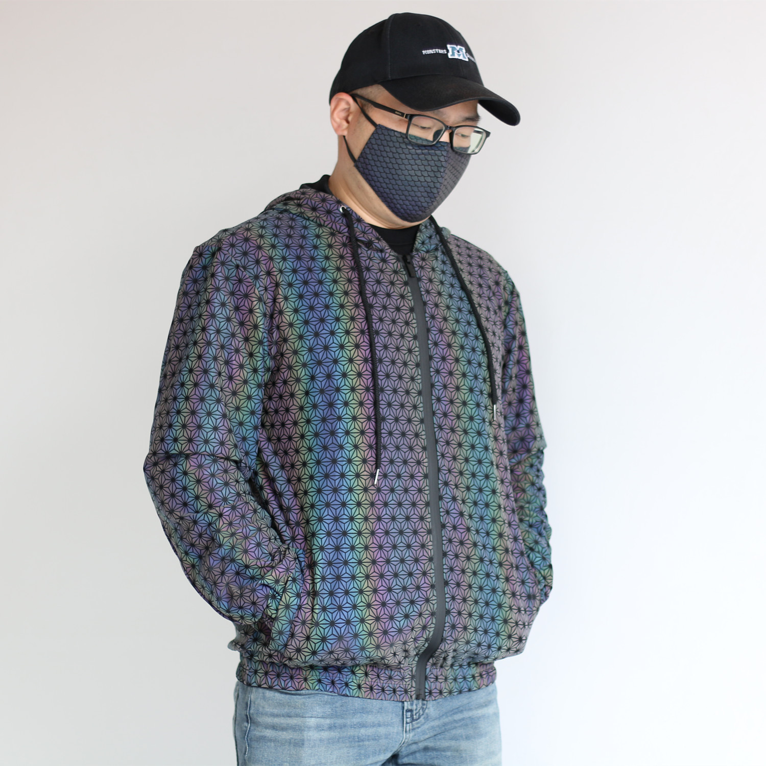 Men's Clothing new geometric pattern colorful reflective jacket men knitted breathable rainbow color luminous jacket men's clothing_voghion.com