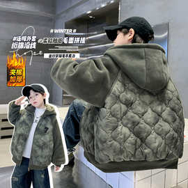 男童夹棉外套秋冬2024新款儿童二棉棉服中大童连帽毛毛衣加厚炸街