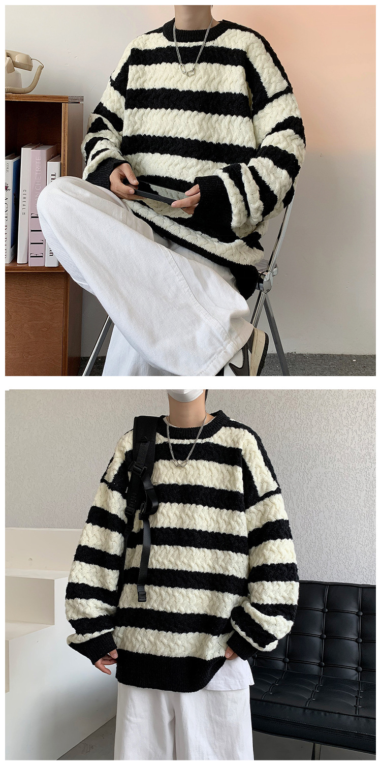 Men's Striped Sweater For Men Oversized Crew Neck Knit Jumper_voghion.com