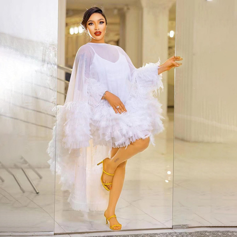 African Fashion Dress White Dress Mesh Stitching Feather with Strap Inner Skirt Sexy Swan Skirt