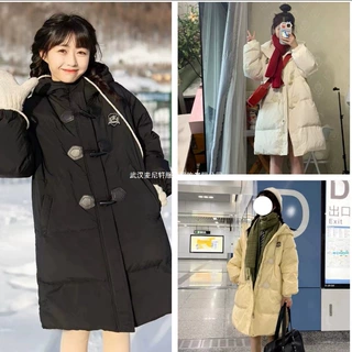 连帽牛角扣中长款羽绒棉棉服女冬季宽松过膝学生加厚保暖棉衣外套