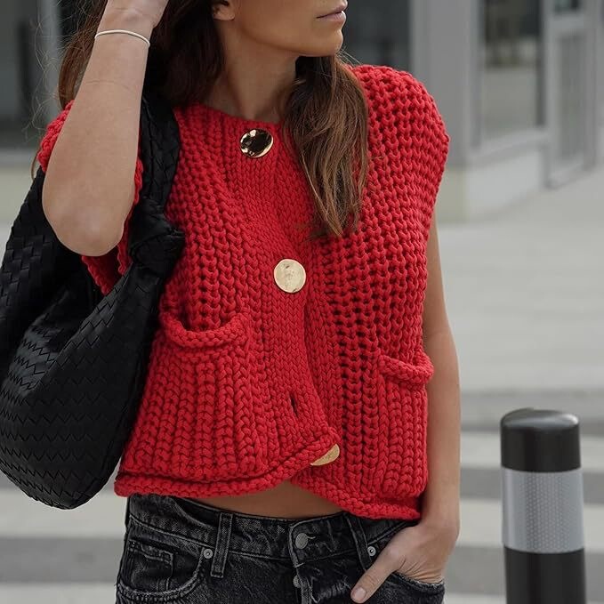 Women's Crochet Chunky Knit Top Sleeveless Button-Up Crop Top Fashion Cardigan Sweater Vest Women's with Women's Crochet Chunky Knit Top Sleeveless Button-Up Crop Top Fashion Cardigan Sweater Vest Women's with