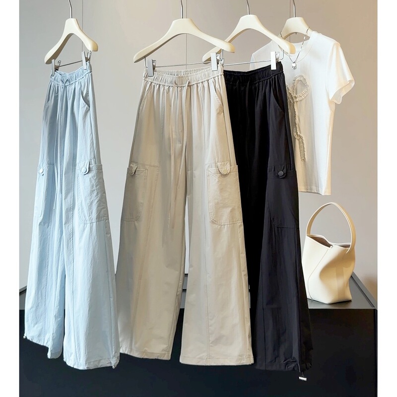 American-Style Quick-Dry Workwear Wide-Leg Pants for Women, New Summer High-Waisted Slimming High-Street Design with Large Pockets, Casual Straight-Leg Pants