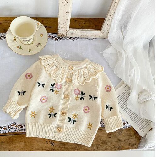 Spring versatile girls' children floral embroidered lotus leaf collar knit long-sleeved open jacket children's clothing