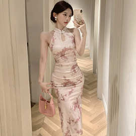 8628欧美东南亚外贸批发2026女装轻熟复古印花开叉修身旗袍连衣裙