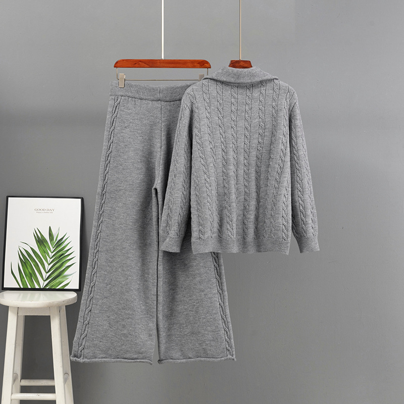 Ensemble pull en maille torsadée épaisse à demi-zip et pantalon large pour femme, collection automne-hiver. Deux pièces de haute qualité, coupe ample._voghion.com