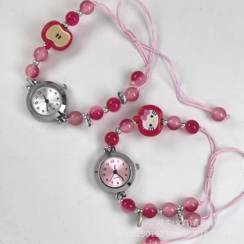Red Beaded String Girls' Watch, Original Design, High Aesthetic Value, Artistic Temperament, Cat and Apple Bracelet Watch for Female Students