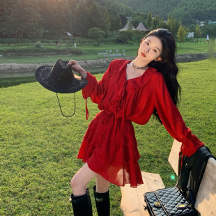 Xinjiang grassland travel wear ruffled red dress Northwest Sichuan travel petite suit skirt